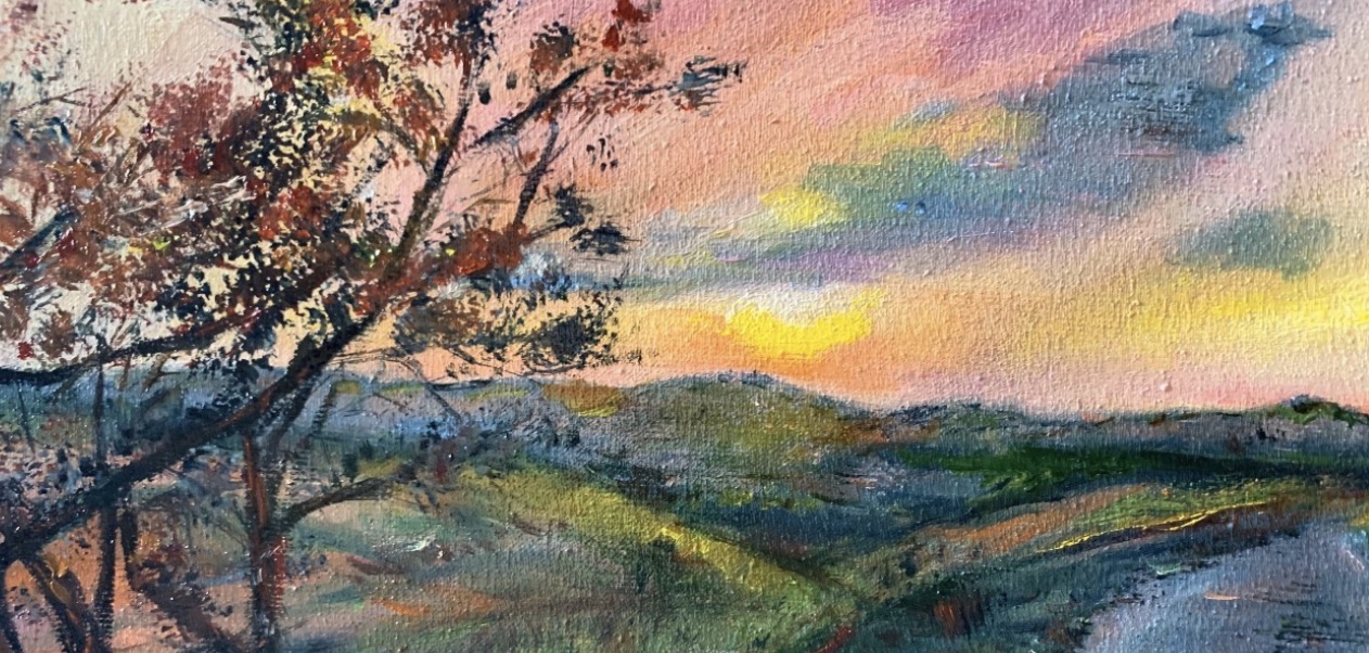 Detail of Sunset in Tuscany painting by Marina Stognieva, oil painting texture, tree and evening Tuscan landscape